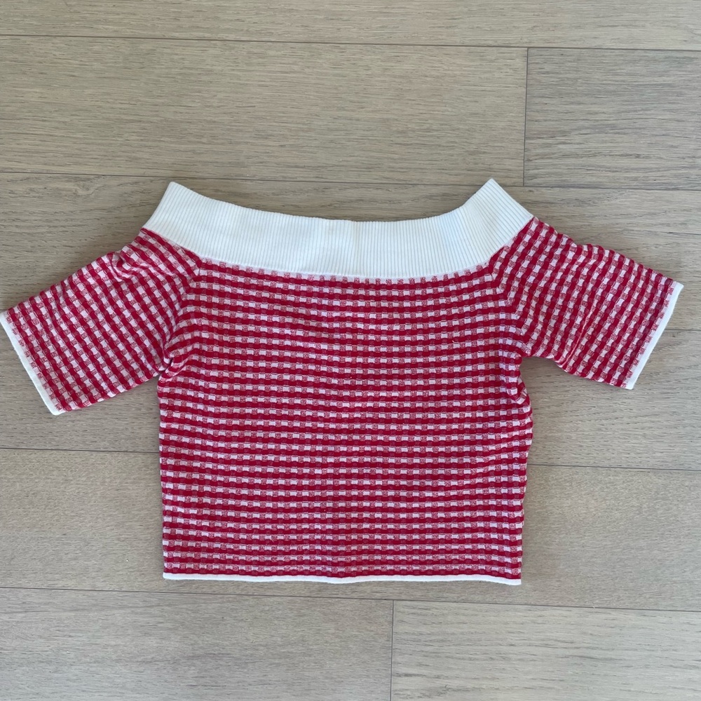 Jonathan Simkhai Knit Red and Cream Gingham Crop Top